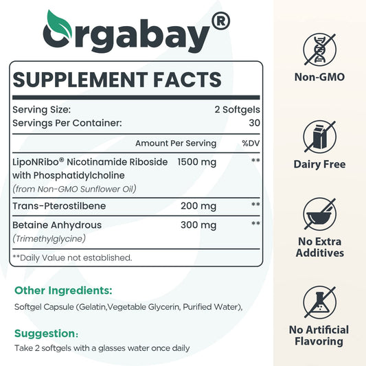 Orgabay Liposomal Nicotinamide Riboside 2000 MG with TMG and Pterostilbene – NAD+ Support for Healthy Aging, 120 Count