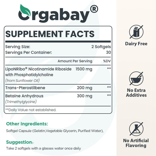 Orgabay Liposomal Nicotinamide Riboside 2000 MG with TMG and Pterostilbene – NAD+ Support for Healthy Aging (480 Softgels)