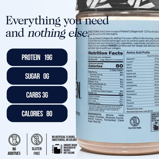 NAKED Chocolate Collagen Peptides Powder – 24 Servings, 20 oz, Grass-Fed, Paleo & Keto Friendly, Non-GMO, Gluten Free