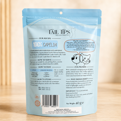 Splash N' Snack - 100% Freeze-Dried Capelin Treats | Pure & Natural | Tail Tips UK | 40g pack