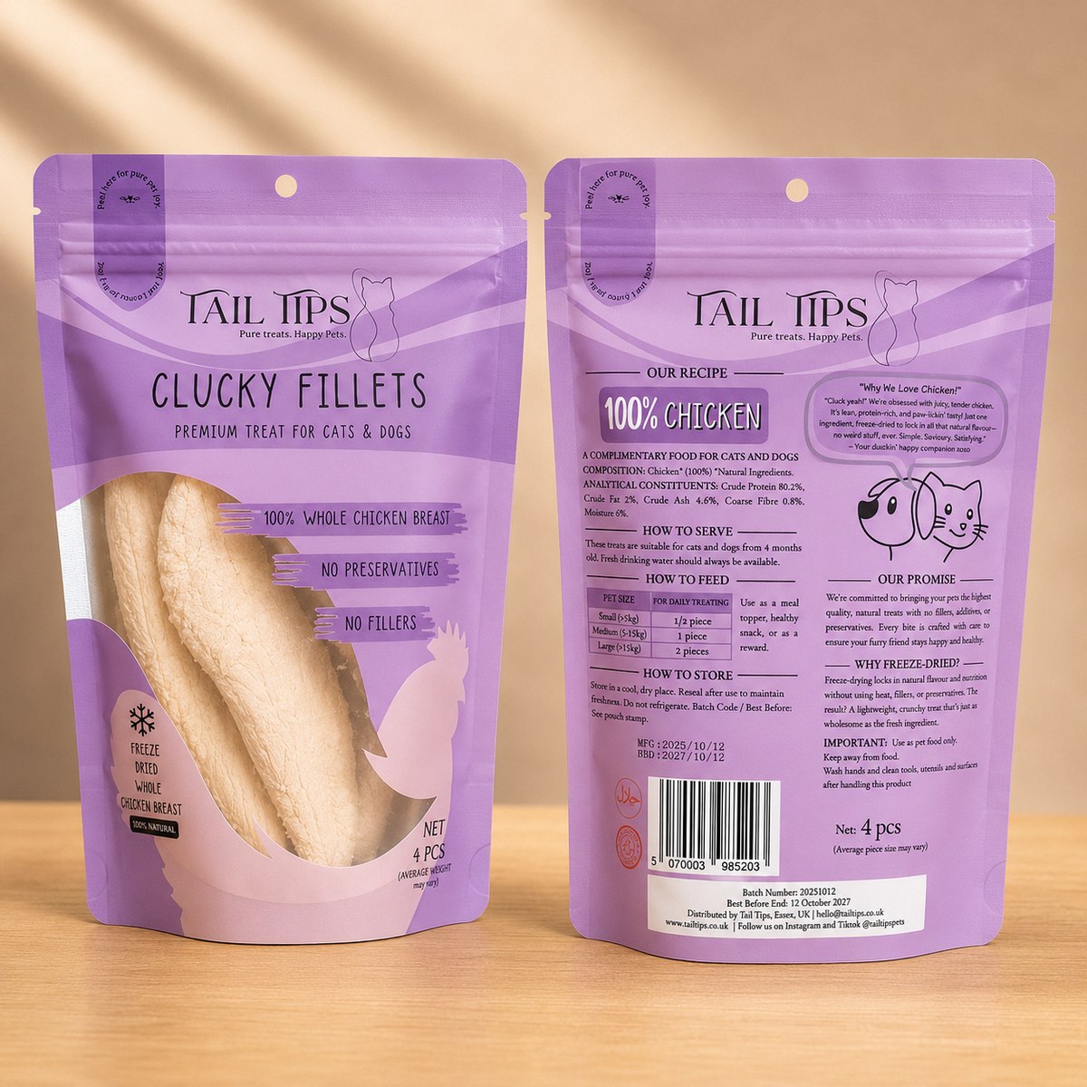 Clucky Filets - 100% Freeze-Dried Chicken Breast Treats | Pure & Natural | Tail Tips UK | 4pcs pack