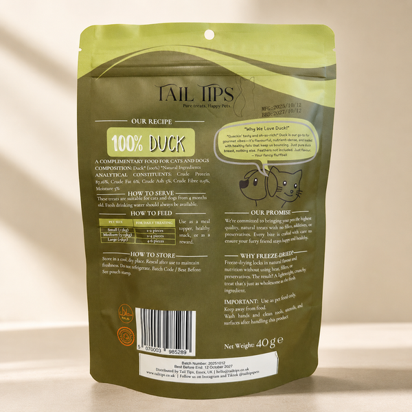 Ducky Delights - 100% Freeze-Dried Duck Treats | Novel Protein | Tail Tips UK | 40g pack