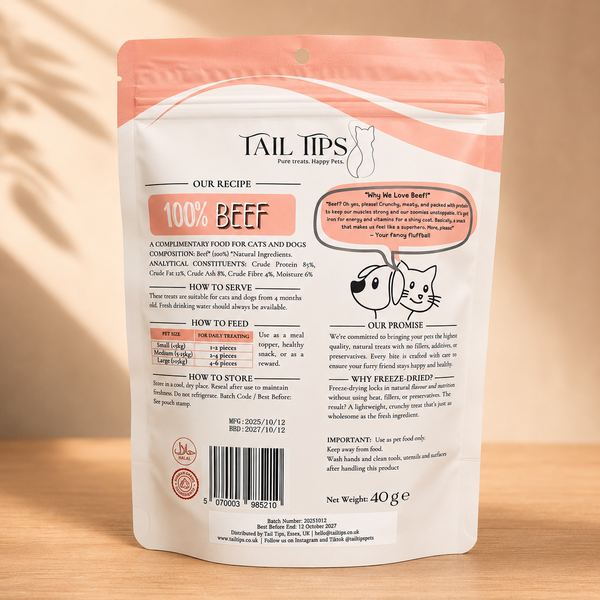 Moo N' Chew - 100% Freeze-Dried Beef Treats | Pure & Natural | Tail Tips UK | 40g pack
