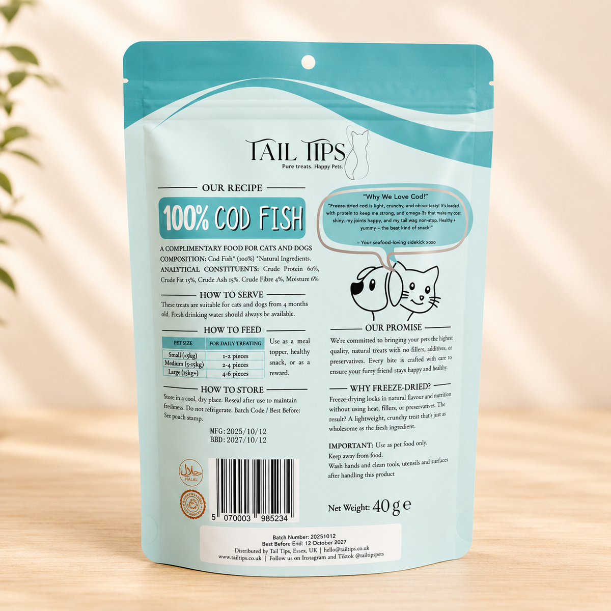 Cod Crunchies - 100% Freeze-Dried Cod Treats | Pure & Natural | Tail Tips UK | 40g pack
