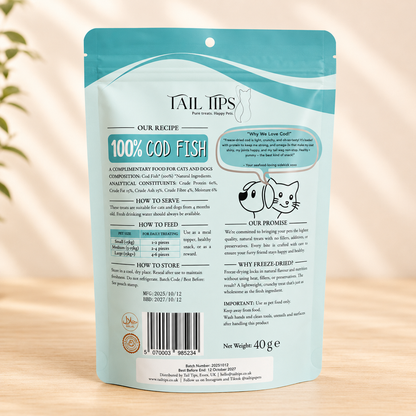 Cod Crunchies - 100% Freeze-Dried Cod Treats | Pure & Natural | Tail Tips UK | 40g pack