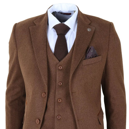 IM42 - Men's Brown 3 Piece Tweed Herringbone Suits