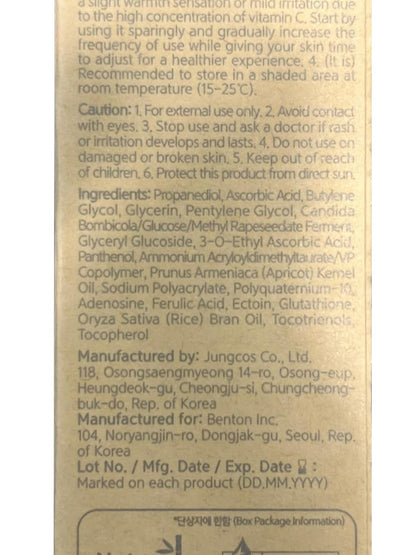 BENTON Vitamin C Serum – 20% Pure Vitamin C, Texture & Elasticity Care, All Skin Types, 1.01 fl oz