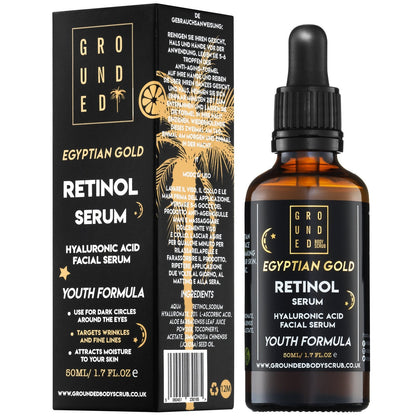 Grounded Beauty Egyptian Gold Retinol Serum with Hyaluronic Acid | 50ml Value Size | Anti Ageing, Fine Lines & Wrinkles.
