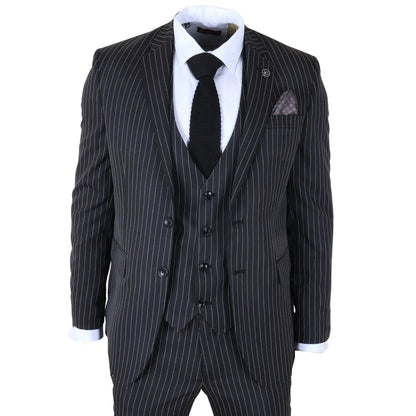 IM45 - Men's Classic Pinstripe 3 Piece Black Suit