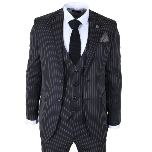 IM45 - Men's Classic Pinstripe 3 Piece Black Suit
