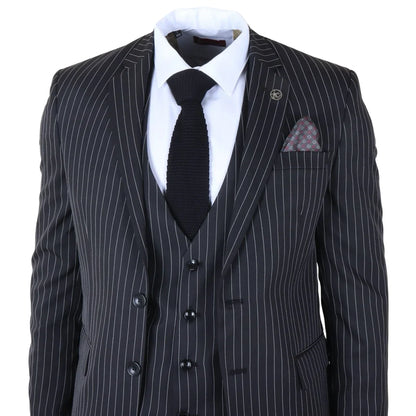 IM45 - Men's Classic Pinstripe 3 Piece Black Suit