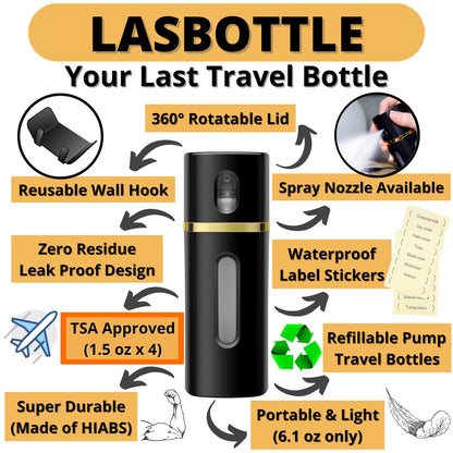 LASBOTTLE 4-in-1 Travel Bottle | Leak-Proof Pump Dispenser 6.1 oz (Gold/Black)