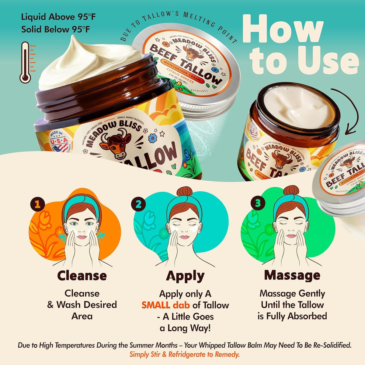 Meadow Bliss Beef Tallow for Skin – Moisturizer Cream with Grass-Fed Tallow, Organic Jojoba Oil & Shea Butter | Citrus Breeze | 4 oz | Made in USA