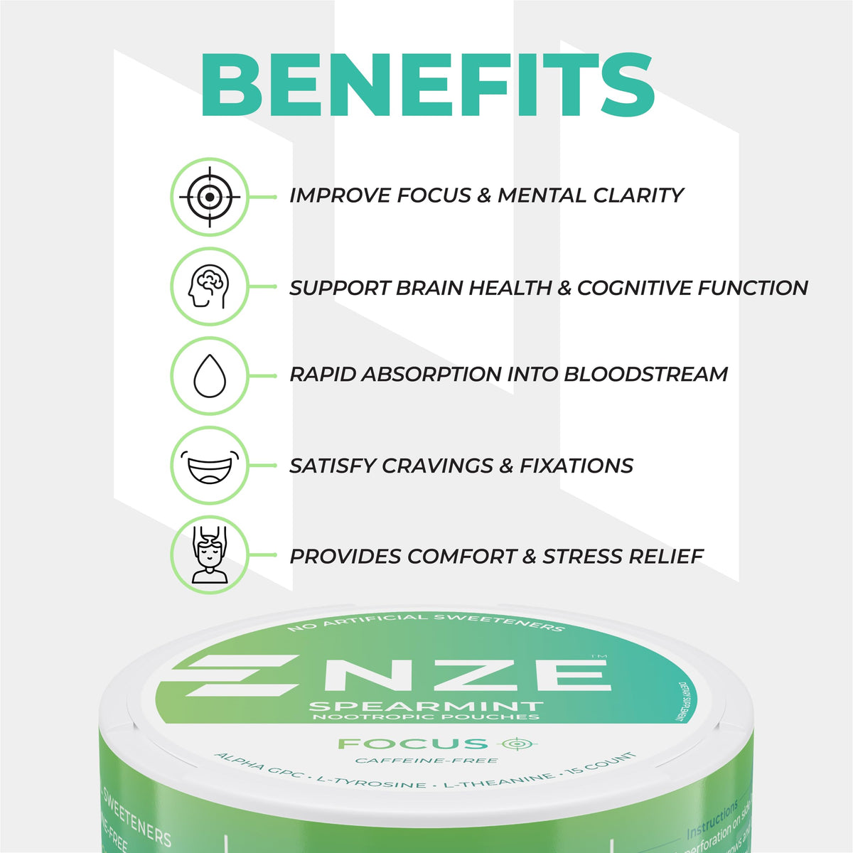 NZE Caffeine Free Nootropic Pouches – Spearmint, Alpha GPC, L-Tyrosine & L-Theanine | No Sugar or Artificial Sweeteners | 15 Pouches/Can, 5 Pack