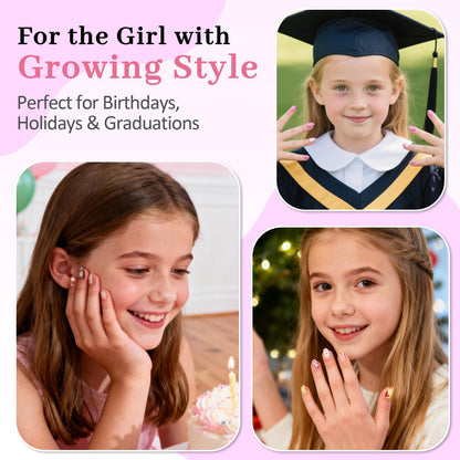 QIEK Kids Press-On Nails Kit — 128 Nails, 16 Sizes, Jelly Tabs + Glue, Floral Almond Tips