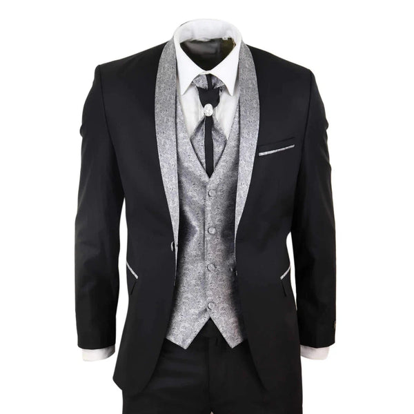 Sal-Yaica - Men's 4 Piece Wedding Suit Groom Shawl Collar Black Silver Cravat