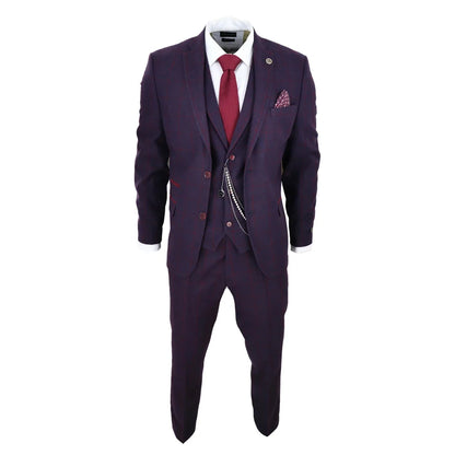 STZ70 - Men's 3 Piece Suit Wool Tweed Plum Wine Check 1920s Gatsby Formal Dress Suits