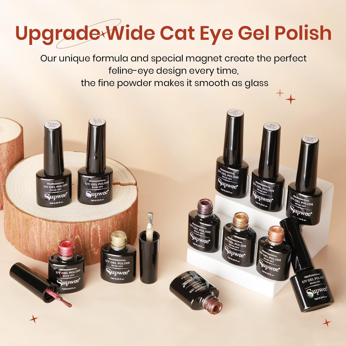 SUPWEE Magnetic Gel Nail Polish - 12 Moonlight Cat Eye Colors with Magnetic Stick