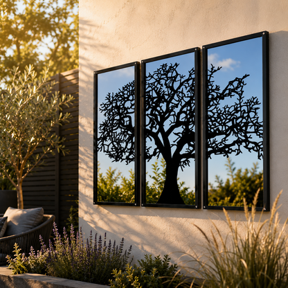 Three Panel Tree Garden Mirror – Outdoor Acrylic Wall Art