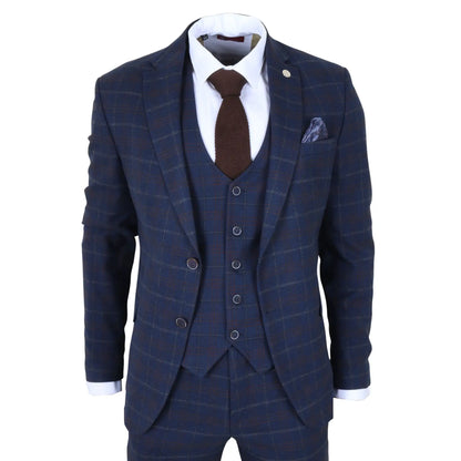 TP-34 - Men's 3 Piece Navy Plaid Check Tailored Fit Suit