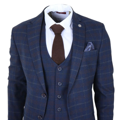 TP-34 - Men's 3 Piece Navy Plaid Check Tailored Fit Suit