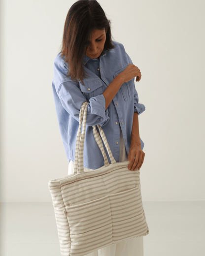 Almond Stripe Tote Nappy Bag (100% Cotton)